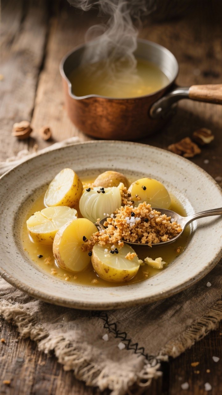 45-degree plated rustic composition of potato-and-onion boil: quartered yellow onions and halved small waxy potatoes spooned from a light golden broth onto a stoneware plate. A cascade of nutty browned butter crumbs (butter toasted with breadcrumbs) is showered over, with visible black pepper and salt crystals. A small pot of steaming broth sits behind, and a browned-butter saucepan to the side; warm farmhouse lighting and a rough linen evoke cozy, homey comfort.