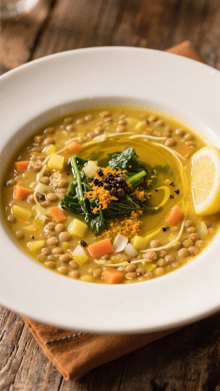 45-degree angle bowl shot of Sunny Turmeric-Lentil Soup: golden broth with visible diced yellow onion, carrots, minced garlic, fresh grated ginger threads, and specks of ground turmeric and cumin; wilted greens folded in, a swirl of extra-virgin olive oil on top, black pepper crackles; served in a wide white ceramic bowl with a side of lemon wedge, on a rustic wooden table, warm cozy lighting, napkin in earthy tones