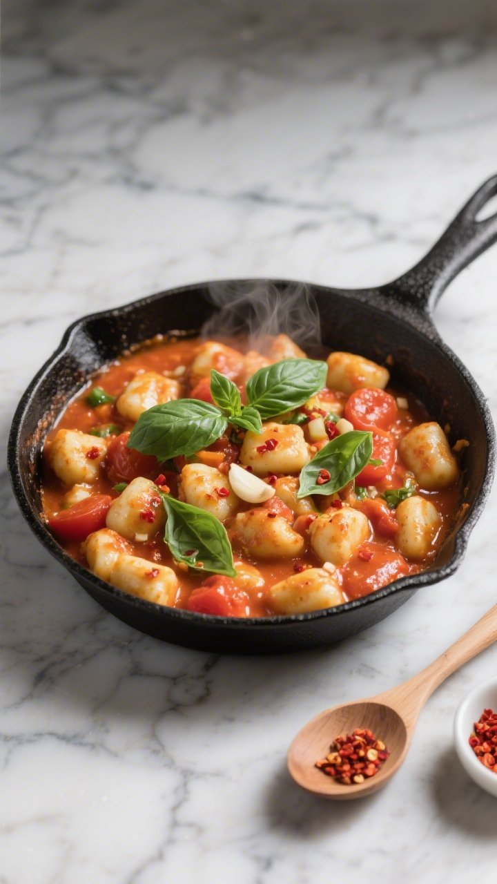45-degree angle skillet scene of creamy tomato basil gnocchi: pillowy gnocchi simmering in a glossy crushed-tomato and vegetable-broth sauce with visible minced garlic and a kiss of red pepper flakes; ribbons of fresh basil folded in and sprinkled on top. Capture steam, light oil sheen, and soft gnocchi texture; served in a black cast-iron skillet on a marble surface with a wooden spoon and a small dish of red pepper flakes nearby.