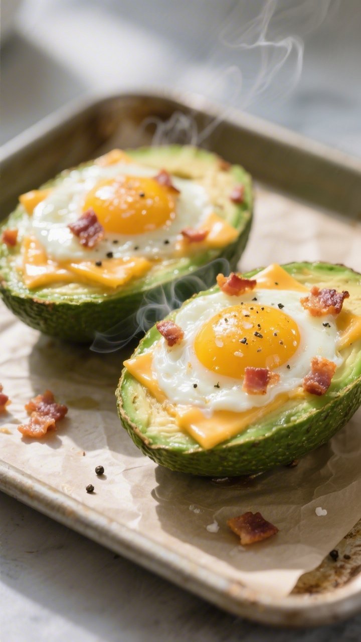 45-degree close-up of avocado egg boats fresh from the oven: two ripe avocado halves cradling softly set eggs enriched with a touch of heavy cream, topped with bubbling cheddar (or pepper jack) and crisp bacon crumbles. Salt and pepper flecks visible, creamy yolks glistening, steam rising. Styled on a small sheet pan with parchment, lime-green avocado against warm cheese tones, minimal props, bright morning light to evoke a quick breakfast.