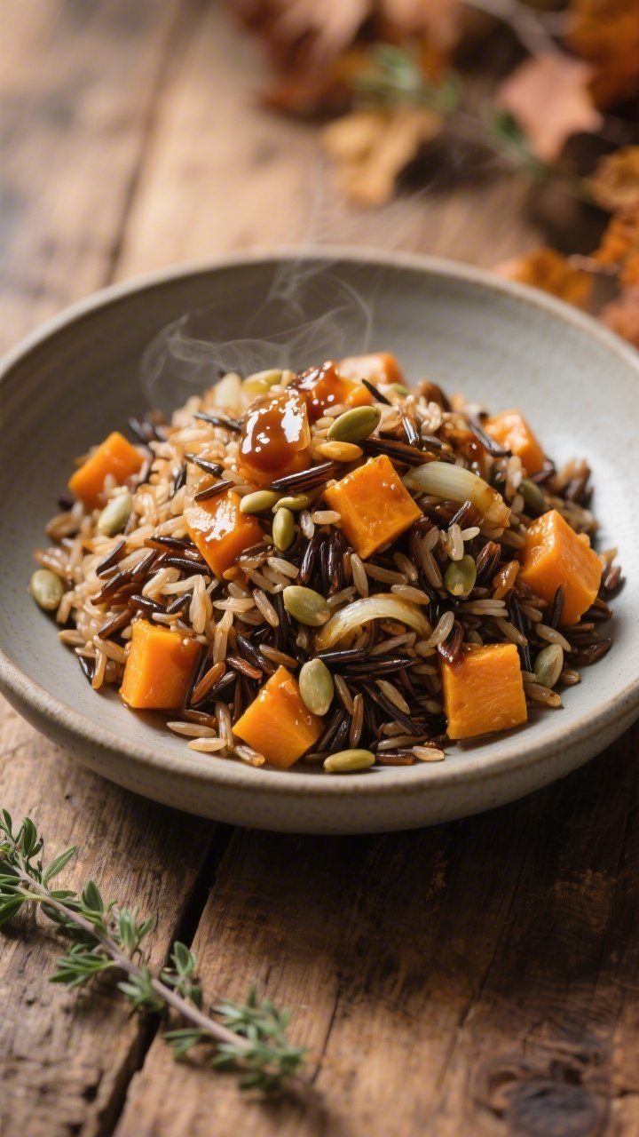 45-degree plated presentation of Maple Miso Veggie Wild Rice: a mound of steamy wild rice and long-grain brown rice blend studded with diced butternut squash, sautéed onion, and toasted pepitas, glazed with a glossy maple-miso dressing; served in a matte ceramic bowl on a rustic wood table, warm autumnal palette, scattered thyme leaves, backlight highlighting the chewy rice texture and caramelized squash edges, minimalist styling, high-end editorial finish.