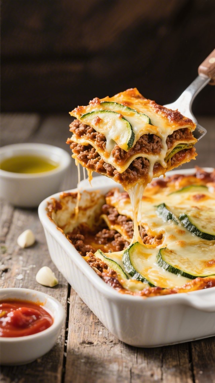 45-degree slice-and-serve shot of cheesy baked zucchini “lasagna”: visible zucchini ribbons layered with rich beef ragù (ground beef, onion, garlic) and low-sugar marinara, molten cheese stretching as a spatula lifts a square; edges bubbling and browned, sauce peeking between layers; set in a white ceramic baking dish on a rustic table with a small bowl of marinara and olive oil nearby; comforting, golden, carb-light indulgence.