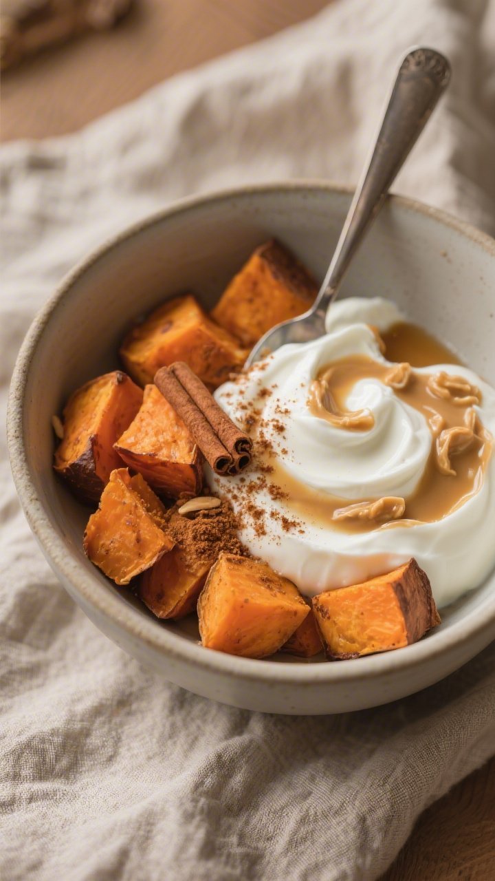 Overhead cozy bowl shot of a warm cinnamon-spiced sweet potato yogurt bowl: roasted or steamed orange sweet potato chunks nestled with a generous dollop of plain Greek yogurt (or thick coconut yogurt), swirled with a teaspoon of almond or peanut butter and lightly drizzled with maple syrup or honey; cinnamon sprinkled on top; served in a matte ceramic bowl with a spoon and soft linen, warm, inviting tones.