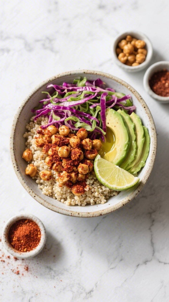 Overhead power bowl assembly: fluffy quinoa base in a wide ceramic bowl topped with crispy roasted chickpeas coated in chili powder and smoked paprika, crunchy purple and green slaw ribbons, avocado slices, lime wedge, and a drizzle of olive oil; small pinch bowls holding spices and extra roasted chickpeas nearby; bright, contrasty styling on a light stone surface for a bold, spicy feel.
