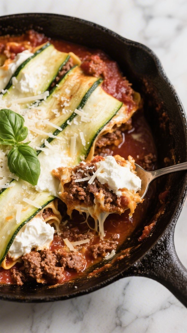 Overhead skillet shot of a creamy no-noodle zucchini lasagna: long 1/8-inch zucchini ribbons layered with browned 80/20 ground beef, dollops of whole-milk ricotta, melted shredded mozzarella, and a sprinkle of grated Parmesan, nestled in a glossy low-sugar tomato sauce. Rustic cast-iron skillet on a marble surface, a spoon revealing the saucy, cheesy layers, scattered Parmesan and torn basil for color, moody Italian comfort-food vibe, sharp detail on cheese pull and zucchini texture.