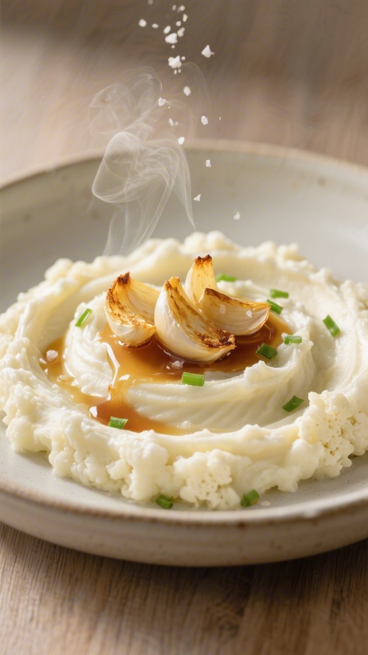 Straight-on plated presentation of ultra-smooth cauliflower mash in a shallow bowl, swirled with softened cream cheese and heavy cream, crowned with a glossy pool of browned butter and thin, golden-browned garlic slices. Fine wisps of steam, sprinkle of salt and white pepper, chives optional for a soft green accent. Silky texture emphasized with directional light, neutral ceramic and light wood backdrop for an elevated comfort-food look.
