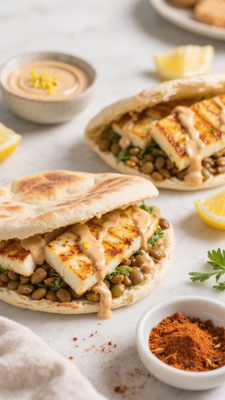 Straight-on sandwich assembly shot: warm breakfast pitas stuffed with cumin- and coriander-spiced lentils, seared halloumi planks with golden crust, and a generous lemon-tahini drizzle cascading; a cut wedge reveals textures—tender lentils, squeaky halloumi, smoky paprika hint; props include a small bowl of tahini sauce with lemon zest, a pinch bowl of smoked spice, and a few fresh herbs; bright, casual brunch energy, crisp focus on the filling.