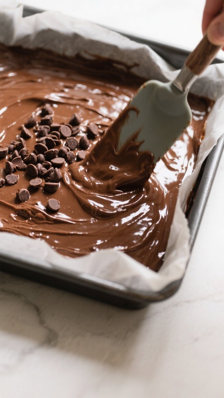 Cooking process: Overhead shot of glossy brownie batter being smoothed into a parchment-lined 8-inch