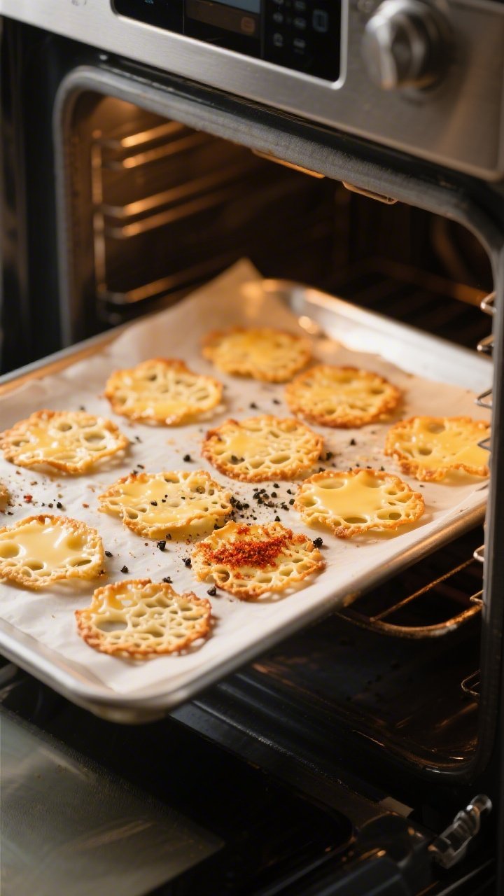 Cooking process: Parmesan crisps baking in the oven—golden, lacy discs on a parchment-lined sheet