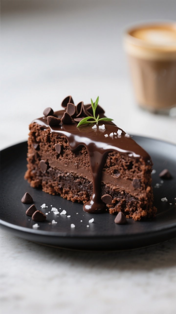 Final dish indulgence: Chocolate Dream variation slice plated on a matte black dessert plate—deep