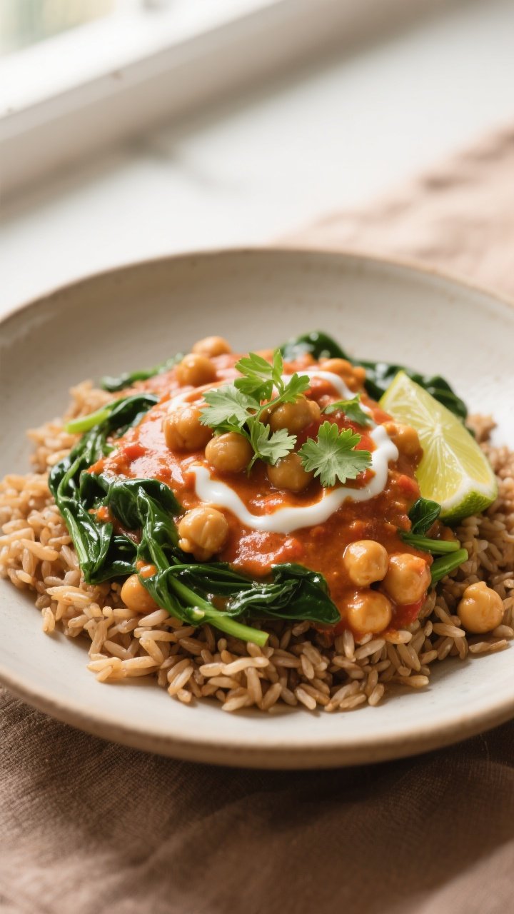 Final dish presentation: Weeknight chickpea and spinach coconut curry ladled over fluffy brown rice 