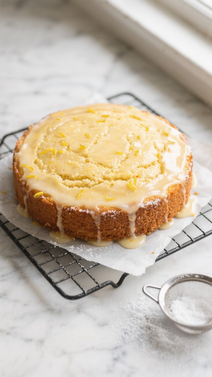 Overhead shot of a freshly baked single-layer Lemon Yogurt Cake cooling on a wire rack, golden top w