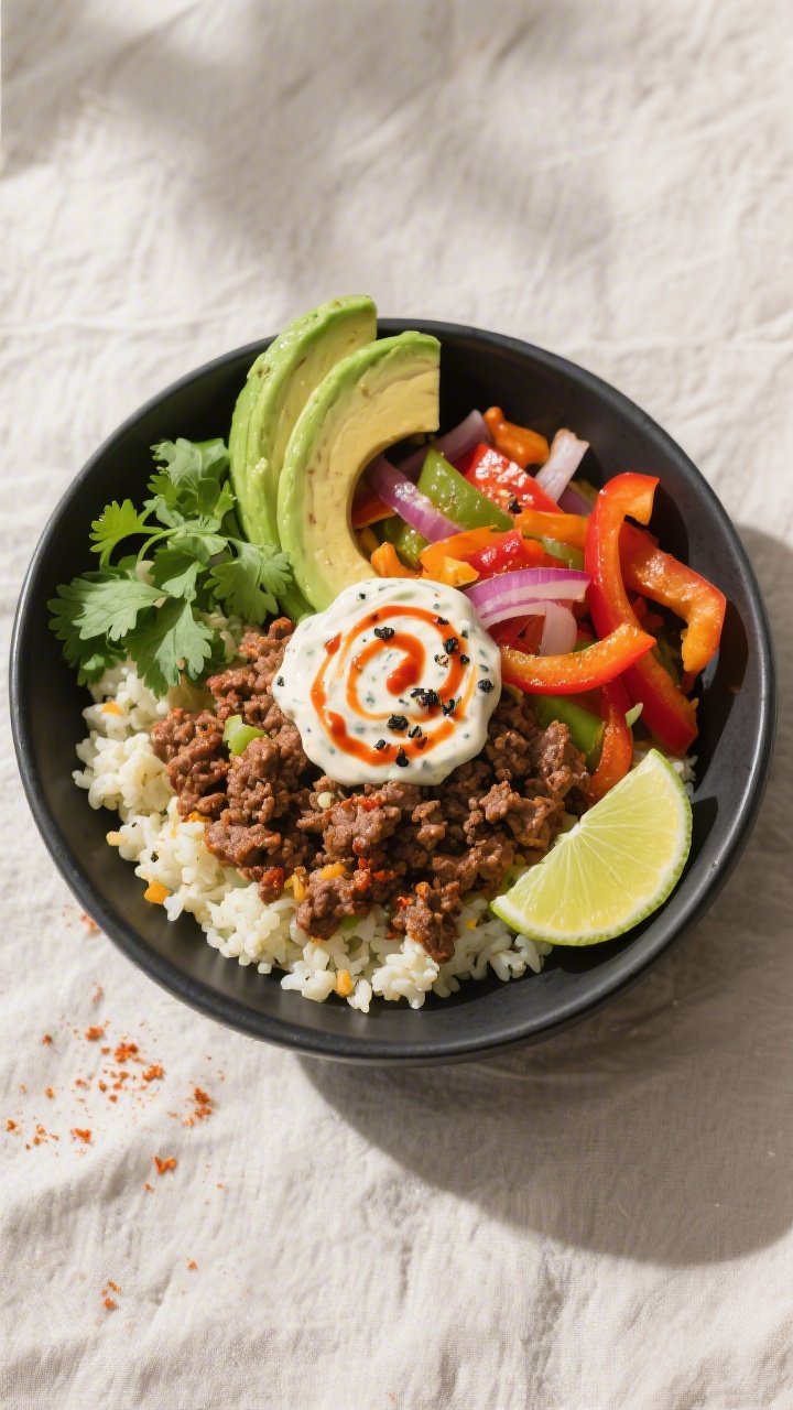 Tasty top view: Overhead Tex-Mex keto bowl with spiced ground beef (80/20) over buttery cauliflower 