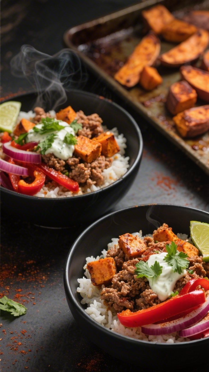 45-degree angle, hearty smoky chipotle turkey taco bowls: seasoned lean ground turkey crumbles with chili powder and cumin, roasted sweet potato cubes with caramelized edges, sautéed red bell pepper strips, and red onion slices arranged over rice in matte black bowls. A drizzle of lime crema on top, sprinkled cilantro, and a dusting of chili. Sheet pan with remaining roasted sweet potatoes in the background, warm tones, moody contrast, appetizing steam.