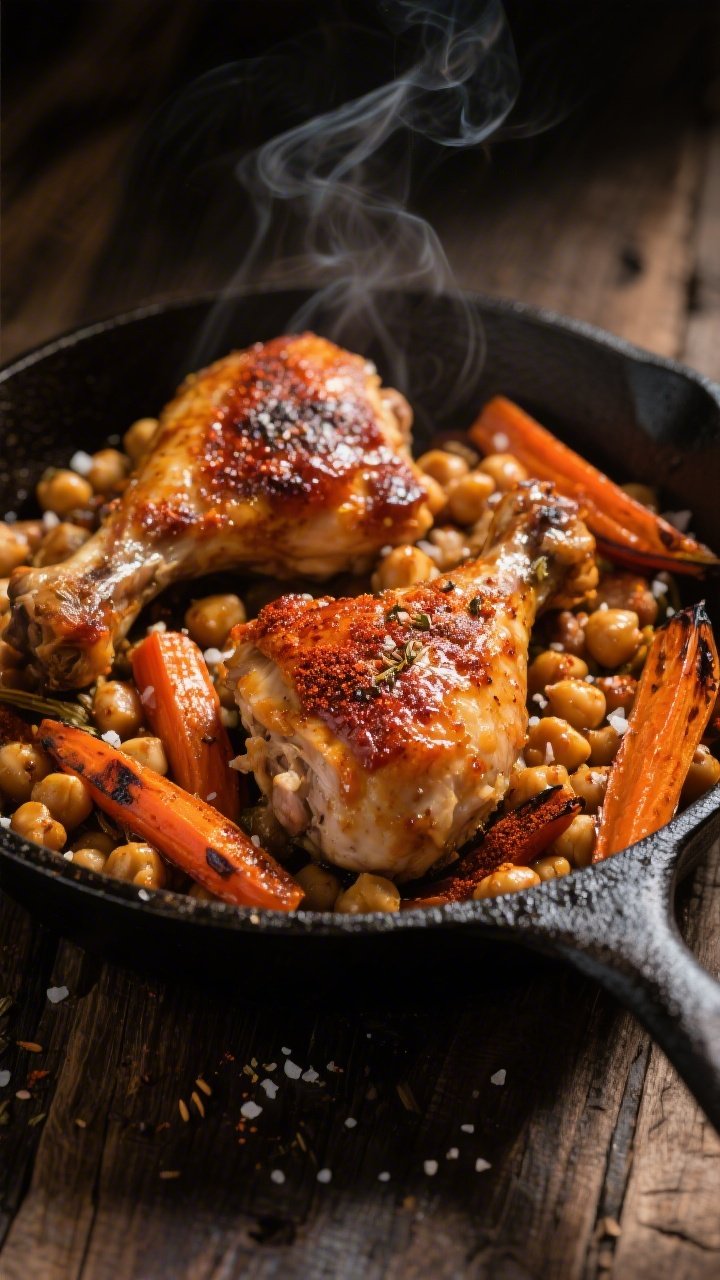 45-degree angle one-pan harissa chicken dinner: bone-in, skin-on chicken thighs roasted to deep caramelized edges, lacquered with a harissa-olive oil glaze, dusted with cumin and smoked paprika, nestled with chickpeas and caramelized carrots with charred tips, scattered coarse kosher salt, all in a dark cast-iron skillet, wisps of steam, rustic wooden table, moody side light highlighting the sticky glaze and roasted textures