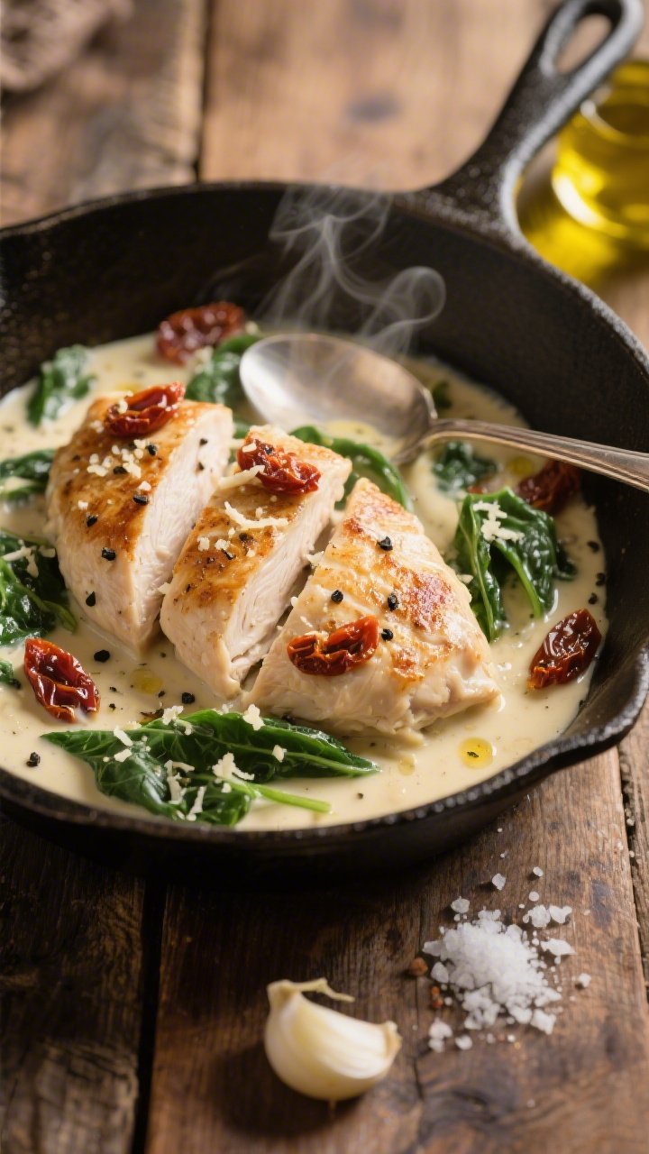 45-degree close-up of creamy Tuscan skillet chicken: seared, halved chicken breasts in a silky Parmesan cream sauce studded with sun-dried tomatoes and wilted spinach, flecks of black pepper and garlic visible. The sauce clings to the chicken with gentle steam rising, spoon partially dipped to suggest “eat with a spoon.” Cast-iron skillet on a rustic wood table with a drizzle of olive oil, a small pile of minced garlic, and a sprinkle of kosher salt nearby. Warm, soft light for a cozy Italian bistro vibe.
