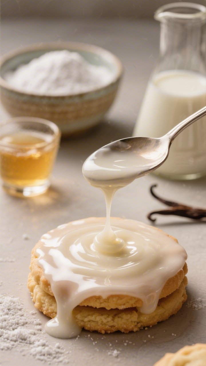 A 45-degree angle close-up of Shiny Glacé Icing with corn syrup being spooned over sugar cookies: thick, glassy glaze dripping slowly with a soft, satiny sheen; ingredients staged behind in soft focus—sifted powdered sugar in a ceramic bowl, light corn syrup in a small glass, room-temp milk in a beaker, and vanilla extract; warm tones, minimal props, subtle reflections on the icing to emphasize the soft-bite, glossy glow.