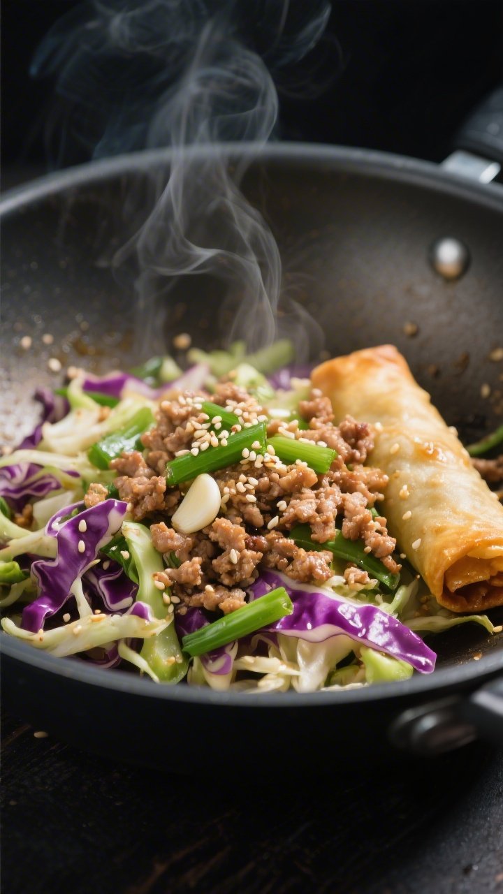 A close-up wok shot of 10-minute egg roll in a bowl: sizzling ground pork sautéed with minced garlic, thinly sliced green onions, and a mix of shredded coleslaw cabbage and purple cabbage for color, glossy from a quick toss in avocado oil; steam rising, sesame seeds scattered, and strands of cabbage catching the light; shallow depth of field to focus on the juicy pork crumbles and vibrant vegetables, with a neutral, dark backdrop for contrast.