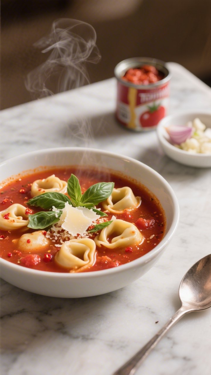 A cozy 45-degree plated bowl shot of tomato basil tortellini soup: cheese tortellini floating in a rich red base of crushed tomatoes, visible flecks of Italian seasoning and a hint of red pepper flakes, olive oil droplets shimmering on the surface; topped with torn fresh basil and a dusting of grated Parmesan; set on a marble surface with a spoon, a can of crushed tomatoes in the background blur, and a small dish of minced garlic and chopped onion to nod to the base aromatics; warm, inviting lighting, steam lifting gently, no people.