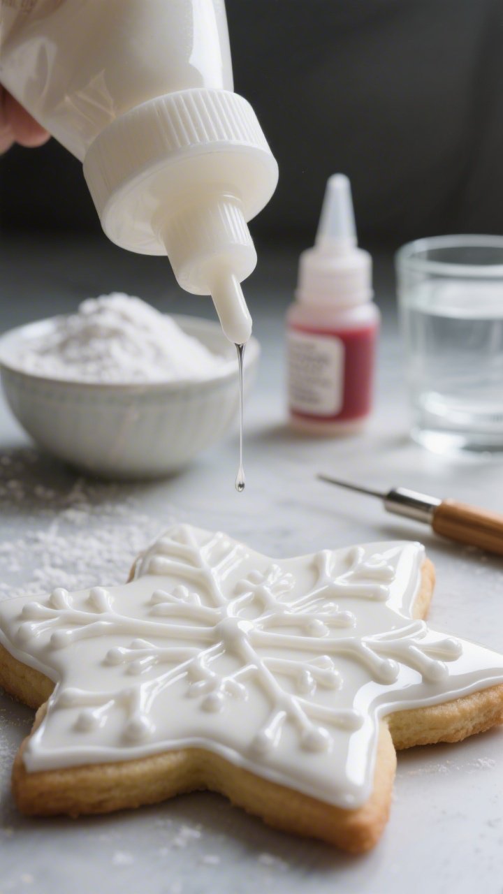 A straight-on macro close-up of Glossy Royal Icing flood work drying smooth like porcelain on cut-out sugar cookies (stars and snowflakes); the surface is mirror-sheen with precise outlines, subtle highlights catching the glaze; in the blurred background, a bowl of sifted powdered sugar, a jar of meringue powder, a dropper of gel food coloring, and a small glass of room-temperature water; show a squeeze bottle mid-drip above one cookie and a scribe tool resting nearby; crisp studio light for ultra-clean, high-contrast gloss.