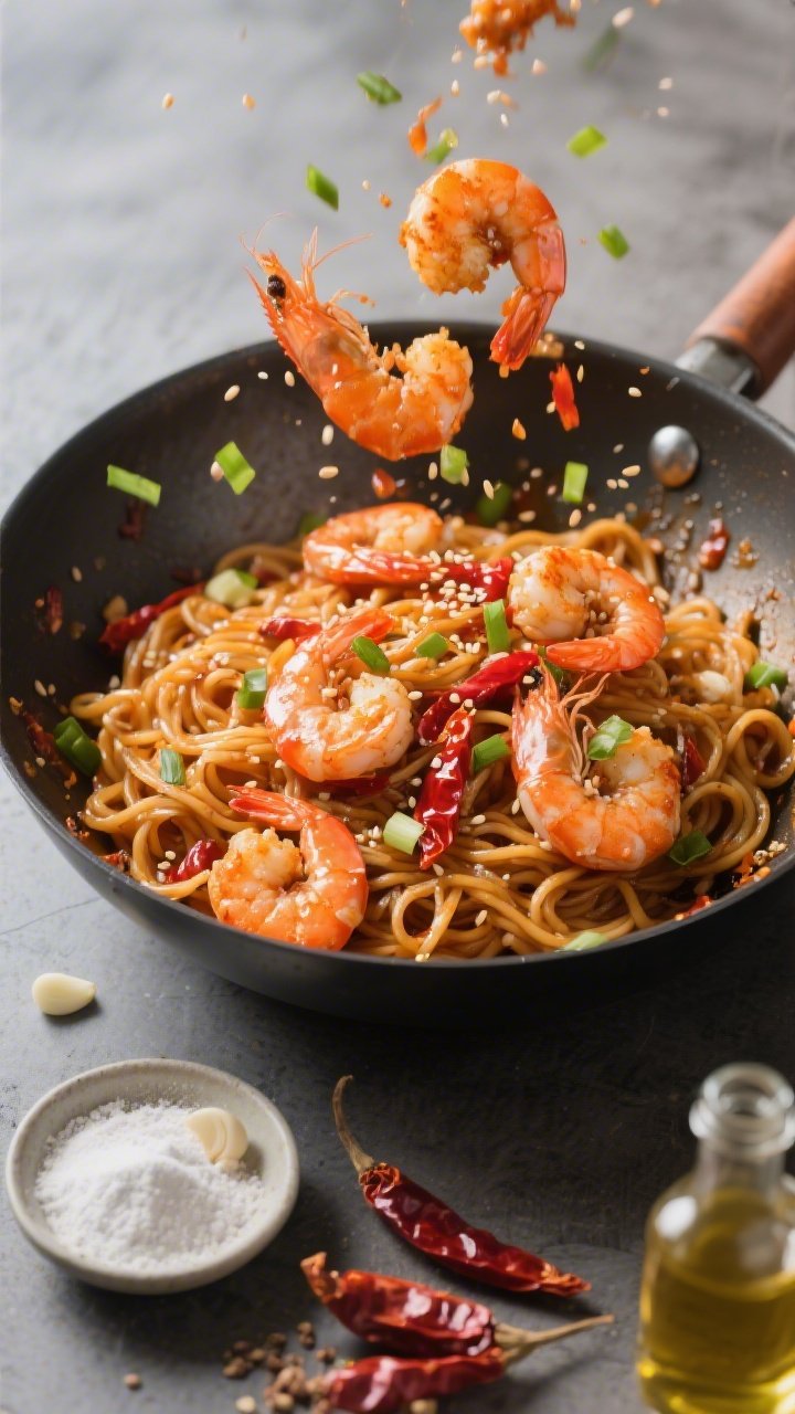 An overhead action shot of glossy garlic chili noodles with shrimp being tossed in a wok: wide rice noodles coated in a red-orange chili-garlic oil shimmer, plump shrimp lightly crisped from cornstarch, sesame seeds and chopped scallions scattered, with a small dish of cornstarch, peeled raw shrimp tails, dried chili flakes, and a bottle of neutral oil at the frame edge; fast weeknight vibe, high-contrast lighting, a splash of sauce mid-air for motion, no people.