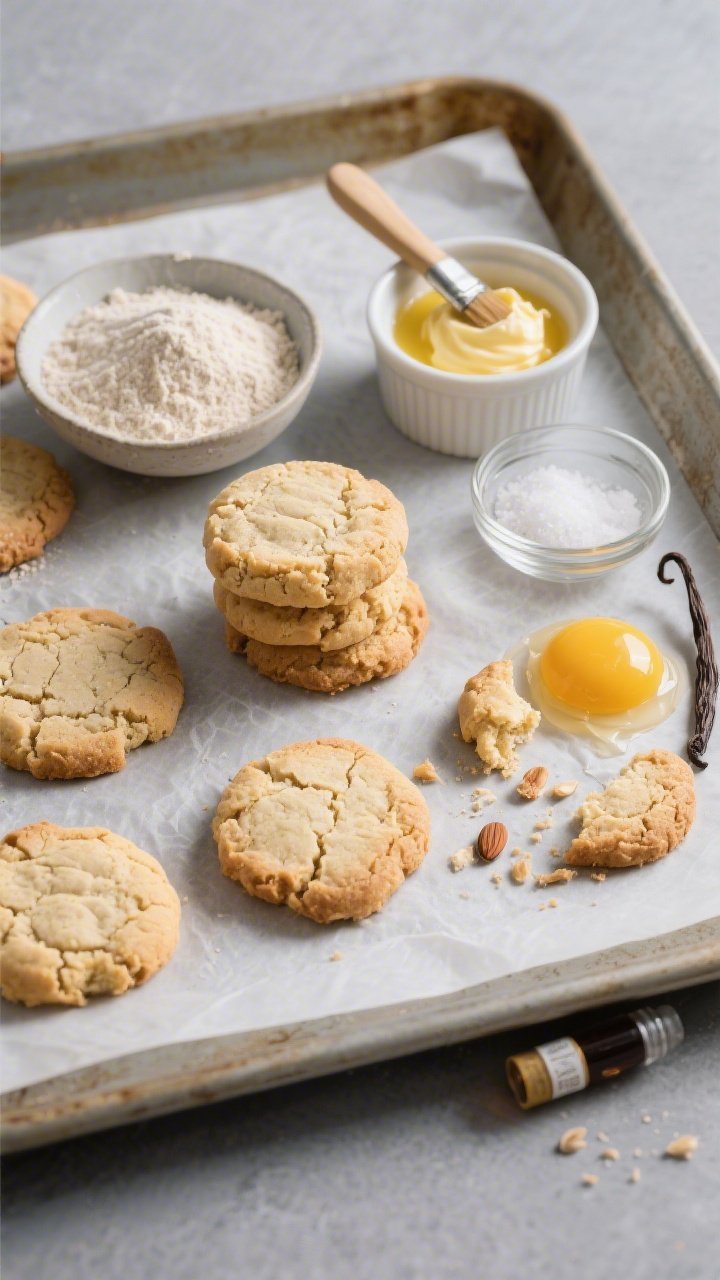 An overhead flat lay of freshly baked almond flour butter cookies on a parchment-lined sheet pan, edges lightly golden and crackly; include a small bowl of blanched almond flour, a ramekin of melted unsalted butter with brush sheen, a pinch dish of fine sea salt, a yolk in a tiny glass bowl, and a vial of vanilla extract; some cookies stacked, some scattered crumbs, minimal props on a cool gray surface, bright natural light to highlight melt-in-your-mouth crumb