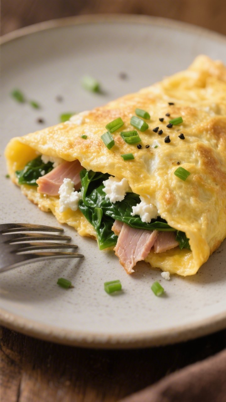 Close-up cutaway of a Cottage Cheese Power Omelet with Spinach and Smoked Turkey: folded golden omelet revealing low-fat cottage cheese curds, chopped fresh spinach, and diced smoked turkey breast; sprinkled with chopped chives or green onions and a crack of black pepper; served on a matte ceramic plate with a fork; shallow depth of field, warm morning light, emphasis on creamy-curdy texture.