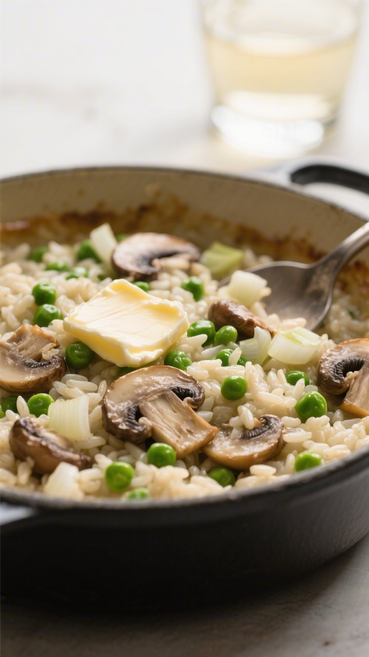 Close-up of no-stir baked risotto with mushrooms and peas in a Dutch oven: creamy Arborio rice with visible starch sheen, sautéed cremini mushrooms layered throughout, sweet peas popping green, a pat of melting butter on top; hints of dry white wine aromatics suggested by a glass in background, chopped shallots clinging to grains; spoon creating a gentle wave to show creaminess, soft diffused light and shallow depth of field.