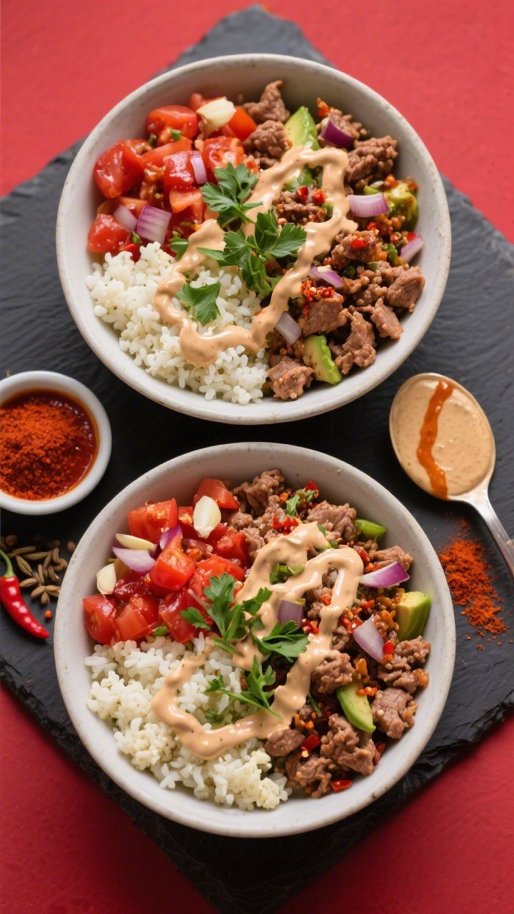 Overhead build of spicy turkey and cauliflower rice power bowls: bowls layered with fluffy cauliflower rice, spiced lean ground turkey cooked with avocado oil, diced onion, minced garlic, tomato paste, smoked paprika, chili powder, and ground cumin; drizzled with a creamy tahini sauce, sprinkled with fresh parsley, and a pinch of chili flakes. Ingredients arranged in neat quadrants for visual contrast, with a small dish of tahini, a spoon streaked with tomato paste, and scattered cumin and paprika on a dark slate; bold reds and warm browns against white cauliflower rice, clean, modern fitness-food vibe.