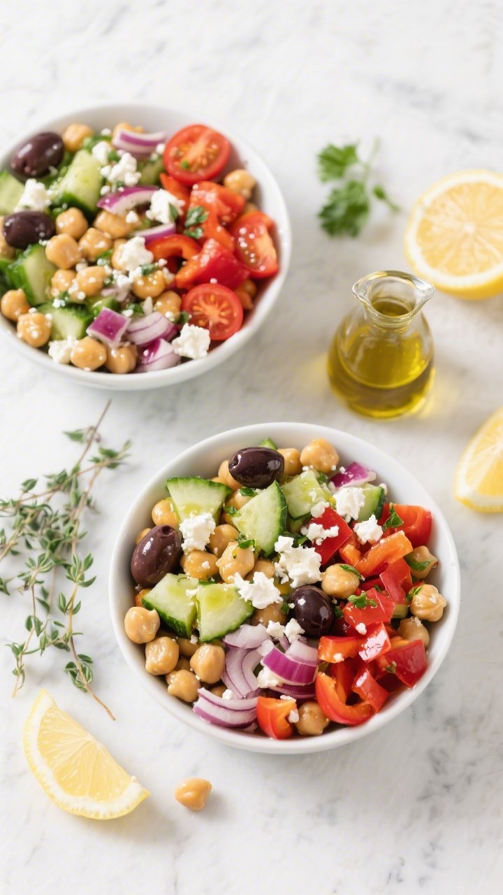 Overhead flat lay of a Greek chickpea power salad: bowls brimming with chickpeas, diced English cucumber, halved cherry tomatoes, diced red bell pepper, finely chopped red onion, Kalamata olives, and crumbled feta, all glistening with a lemon-herb vinaigrette. Lemon halves, fresh oregano and parsley sprigs, and a small carafe of vinaigrette on a light marble surface; vibrant Mediterranean colors, crisp veggies, clean, bright styling.