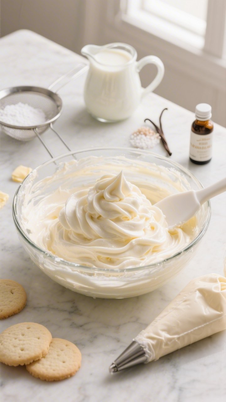 Overhead flat lay of Bakery-Style Vanilla Cloud Frosting being whipped to a billowy, glossy peak in a glass mixing bowl: softened unsalted butter creamed with sifted powdered sugar, heavy cream in a small pitcher, pure vanilla extract in a vial, and a tiny pinch of fine salt beside a sifter. Include a rubber spatula with silky frosting swirls, a piping bag partially filled, and pale, soft-iced sugar cookies nearby. Soft neutral palette (ivory, cream, pale gold), natural window light, marble surface, no people.