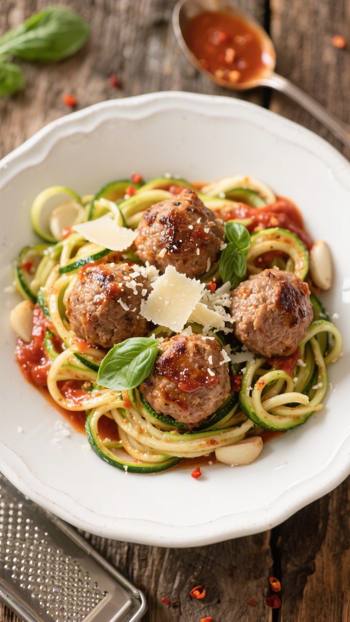 Overhead plated Turkey Meatball Zoodle Bowl: a nest of glossy zucchini noodles swirled with garlicky marinara, topped with seared turkey meatballs (browned, juicy), sprinkled with grated Parmesan and torn basil. Marinara visibly clinging to zoodles, a few crushed chili flakes for warmth. Shot on a white rimmed plate over rustic wood, with a ladle of sauce and a microplane grater subtly in frame to suggest preparation.