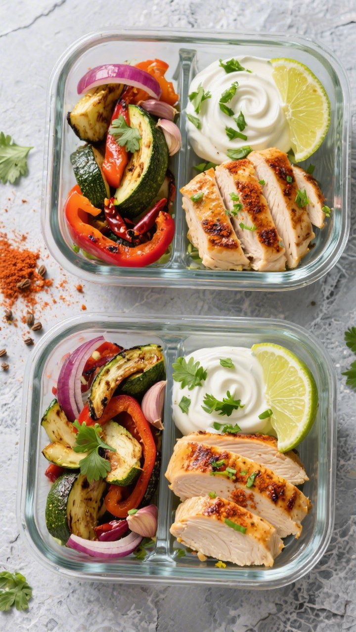 Overhead shot of chili-lime chicken meal prep bowls: sliced grilled chicken breasts brushed with olive oil, fresh lime juice and zest, chili powder, smoked paprika, cumin, and garlic, arranged over roasted mixed veggies (charred bell peppers, zucchini, and red onions) in divided glass containers. Drizzle of cilantro yogurt swirled on top, lime wedges and chopped cilantro scattered, spices sprinkled nearby on a cool gray stone surface, bright, zesty mood, crisp textures, professional studio lighting.