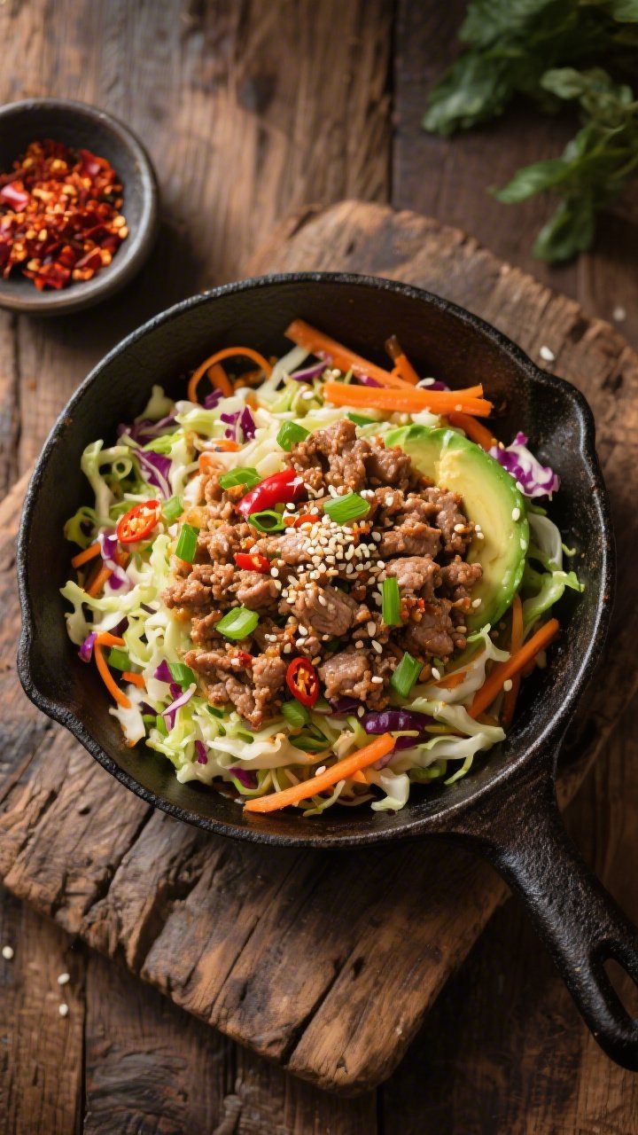 Overhead skillet scene of Spicy Turkey Egg Roll In A Bowl: lean ground turkey browned in avocado oil with shredded coleslaw mix, extra shredded cabbage for crunch, and sliced green onions; chili heat shimmering; sesame seeds optional as garnish; colorful cabbage strands and carrots visible; served directly in a dark cast-iron pan on a rustic wooden table with a small dish of chili flakes; vibrant, high-contrast.