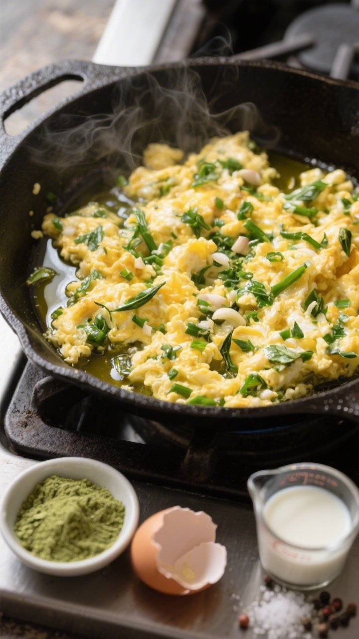 Overhead skillet shot of a 10-Minute Garlicky Moringa Egg Scramble mid-cook: softly curded eggs flecked with bright green moringa and tiny bits of minced garlic, glistening in olive oil; a small bowl with moringa powder, cracked eggshells, a splash of milk in a measuring cup, and a pinch of salt and pepper on the side; cast-iron skillet on a stovetop with gentle steam rising, emphasizing creamy texture and garlicky aroma