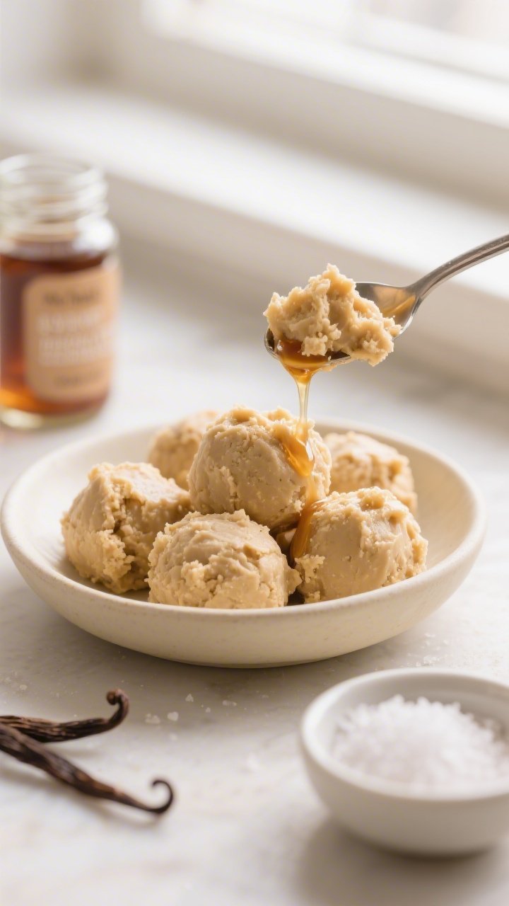 Straight-on cookie-dough aesthetic for No-Bake Peanut Butter Cookie Dough Protein Bites: smooth, pale golden bites with vanilla protein powder and almond flour creating a doughy crumb; a drizzle of maple syrup trailing off a spoon, pinch bowl of fine sea salt, and a jar of vanilla extract in the background; placed in a shallow cream-colored bowl, soft diffused window light, emphasis on creamy, scoopable cookie-dough texture and indulgent, wholesome vibe.