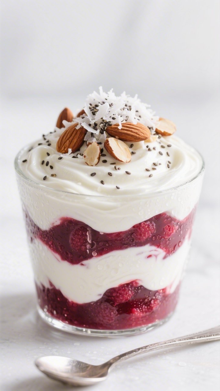 Straight-on parfait close-up in a clear glass: layers of full-fat unsweetened Greek or coconut yogurt swirled with a vivid berry puree, topped with unsweetened shredded coconut (lightly toasted), sliced almonds, and chia seeds; clean, bright backdrop, subtle condensation on the glass, spoon resting alongside; focus on creamy yogurt swirl, crunchy nut-coconut topping, and speckled chia for a lush yet keto-friendly finish.