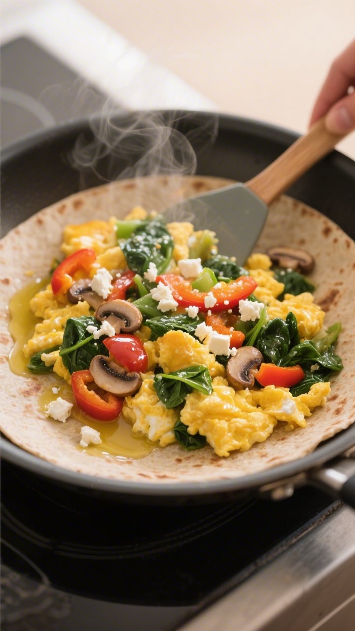Cooking process: Veggie Egg Scramble for a whole-wheat wrap in a nonstick skillet—fluffy curds of