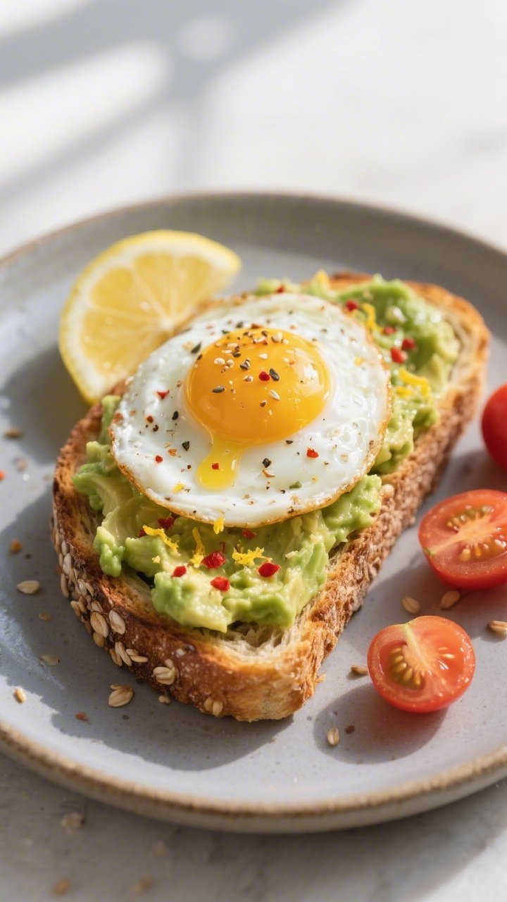 Final plated: Savory Avocado Toast with Protein—golden toasted sprouted-grain bread topped with a