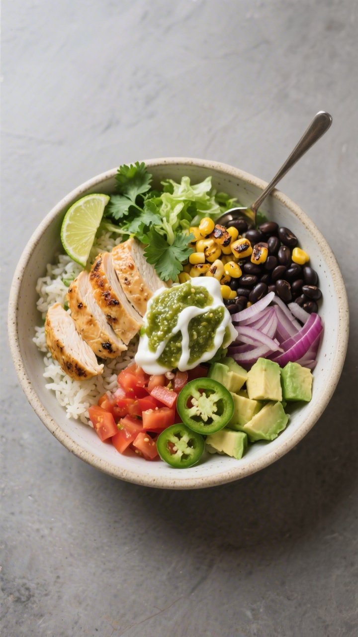 Tasty top view, assembly: Overhead shot of a vibrant chicken burrito bowl just assembled: cilantro-l